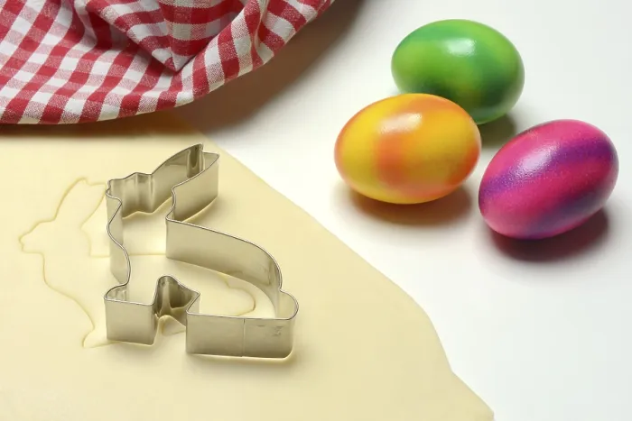 Framed Print : Rolled Dough with Bunny Cookie Cutter and Easter Eggs Print Framed Print : Rolled Dough with Bunny Cookie Cutter and Easter Eggs Print