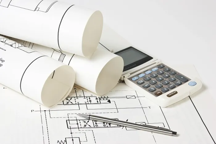 Framed Print : Rolled Technical Drawings and Calculator Print Framed Print : Rolled Technical Drawings and Calculator Print