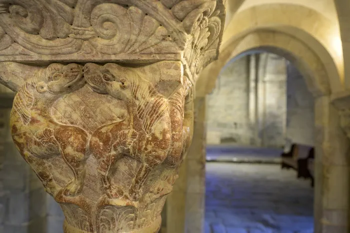 Framed Print : Detail of a Romanesque column Print, France