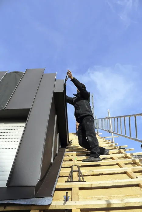 Framed Print : Roofer working on a new dormer window Print Framed Print : Roofer working on a new dormer window Print