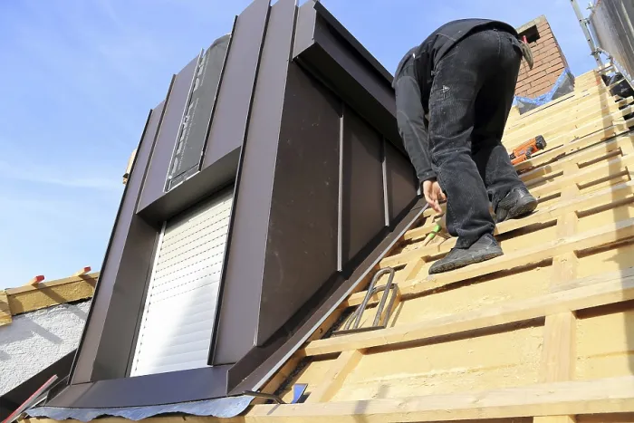 Framed Print : Roofer working on a new dormer window Print Framed Print : Roofer working on a new dormer window Print