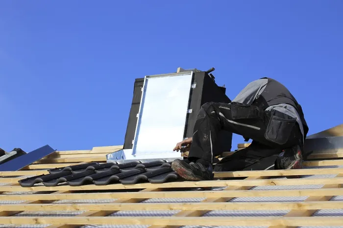 Framed Print : Roofer Works on Chimney Cladding Print Framed Print : Roofer Works on Chimney Cladding Print