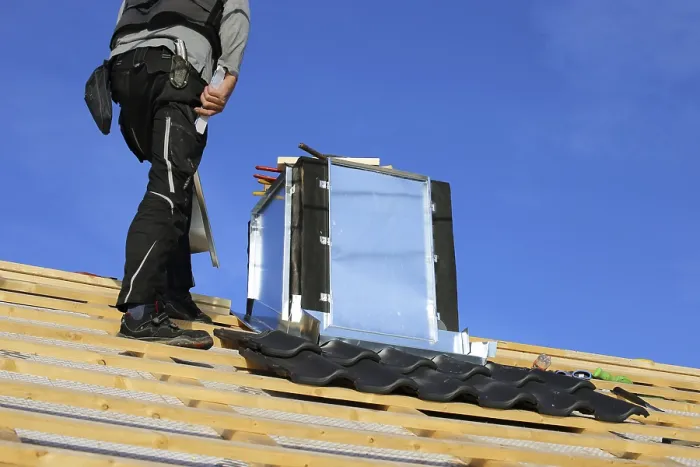 Framed Print : Roofer Works on Chimney Cladding Print Framed Print : Roofer Works on Chimney Cladding Print