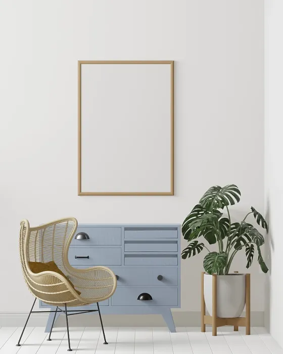 Framed Print : Minimalist White Wall Print with Blue Cabinet and Tree Framed Print : Minimalist White Wall Print with Blue Cabinet and Tree