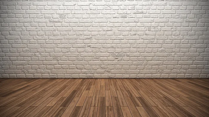 Framed Print : Empty Room Print: Whitewashed Brick Wall and Teak Floor Framed Print : Empty Room Print: Whitewashed Brick Wall and Teak Floor