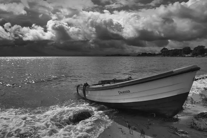 Framed Print : Black and White Print of Rowing Boat on German Beach Framed Print : Black and White Print of Rowing Boat on German Beach