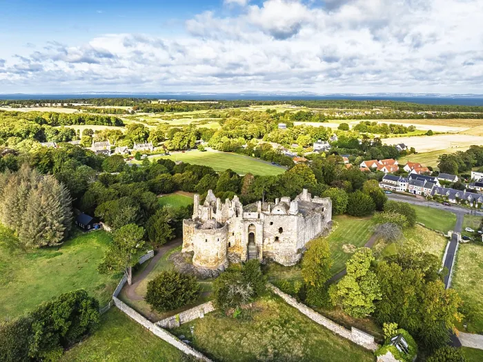 Framed Print : Dirleton Castle and Gardens Drone Print, Scotland Framed Print : Dirleton Castle and Gardens Drone Print, Scotland