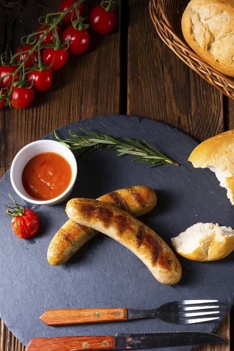 Framed Print : Rustic Bratwurst Print with Ketchup and Fresh Rolls Framed Print : Rustic Bratwurst Print with Ketchup and Fresh Rolls