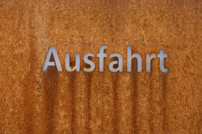 Framed Print : Rusty Metal Surface with Exit Sign Print, Hesse, Germany Framed Print : Rusty Metal Surface with Exit Sign Print, Hesse, Germany