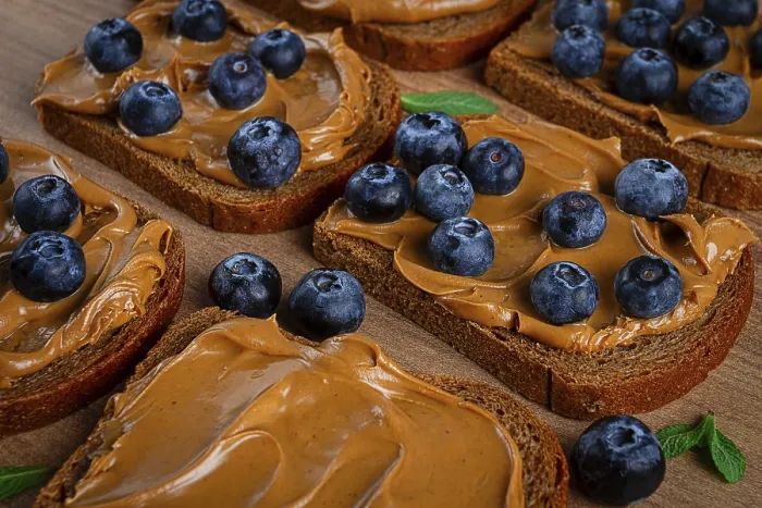 Framed Print : Rye bread with peanut paste and blueberries print, top view