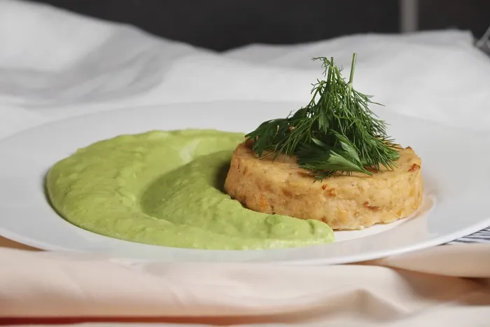 Framed Print : Salmon Rissole with Peas Puree Print Framed Print : Salmon Rissole with Peas Puree Print