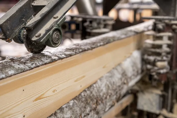 Framed Print : At Sawmill - Print of Cut Wood Using Machine