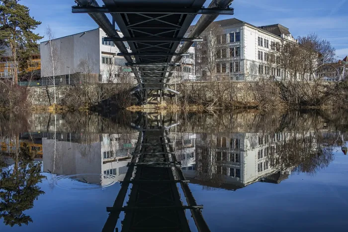 Framed Print : School Building and Bridge Reflected in River Mur Print, Leoben, Austria Framed Print : School Building and Bridge Reflected in River Mur Print, Leoben, Austria