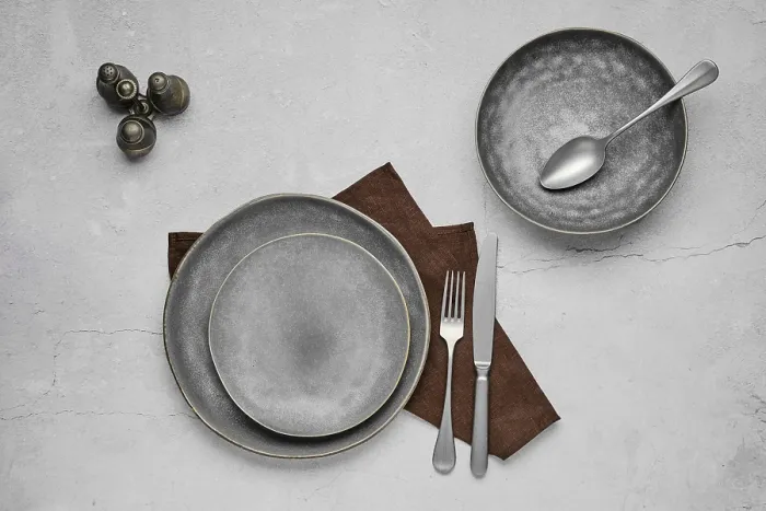 Framed Print : Grey Ceramic Plates and Tableware Print, Overhead View Framed Print : Grey Ceramic Plates and Tableware Print, Overhead View