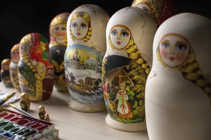 Framed Print : Dark Russian Matryoshka Dolls Print on Table Framed Print : Dark Russian Matryoshka Dolls Print on Table