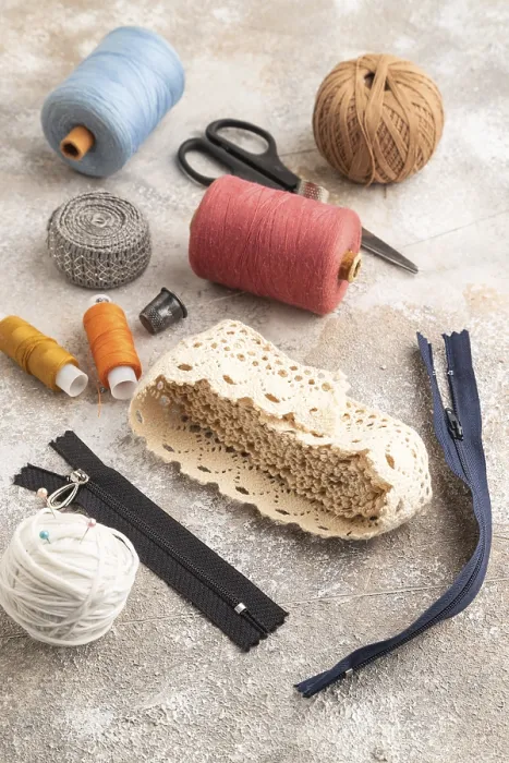 Framed Print : Sewing Accessories Print on Brown Concrete Background Framed Print : Sewing Accessories Print on Brown Concrete Background