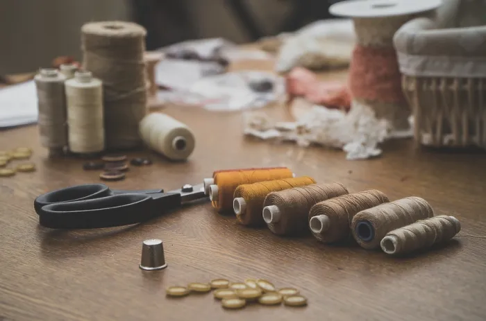 Framed Print : Sewing Essentials Print: Scissors, Threads and Buttons