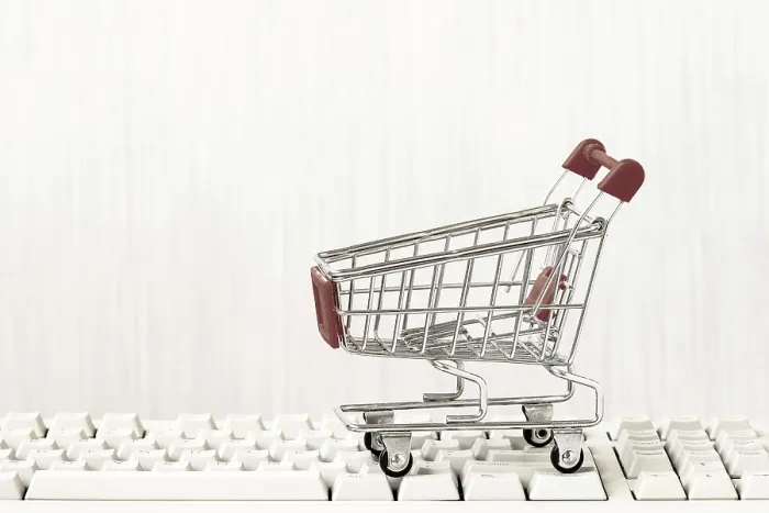 Framed Print : Empty Shopping Cart Print on Computer Keyboard Framed Print : Empty Shopping Cart Print on Computer Keyboard