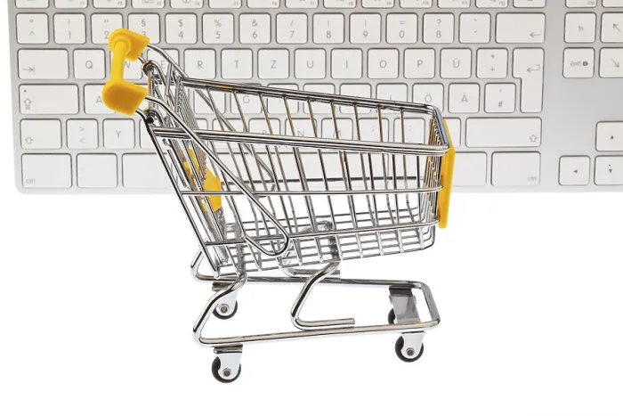 Framed Print : Austrian Online Shopping Print: Trolley and Keyboard Framed Print : Austrian Online Shopping Print: Trolley and Keyboard