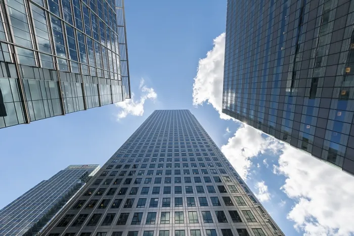 Framed Print : Skyscrapers in Frog Perspective Print, Canary Wharf, London