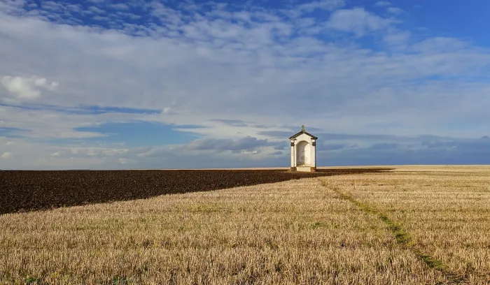 Framed Print : Autumn Landscape Print: Small Chapel in Fields Framed Print : Autumn Landscape Print: Small Chapel in Fields