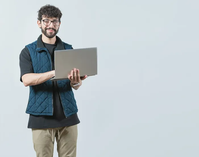 Framed Print : Smiling Bearded Guy Using Laptop Print Framed Print : Smiling Bearded Guy Using Laptop Print