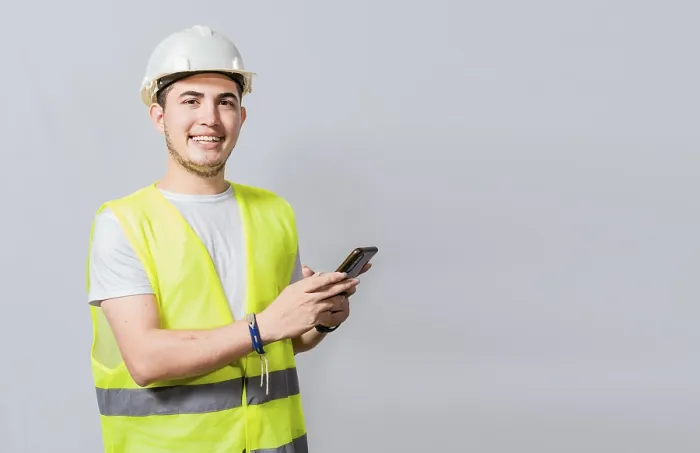 Framed Print : Smiling Engineer Using Cell Phone Print Framed Print : Smiling Engineer Using Cell Phone Print