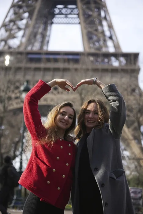 Framed Print : Eiffel Tower Print: Two Smiling Friends