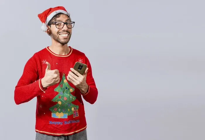 Framed Print : Smiling Guy in Christmas Hat Print