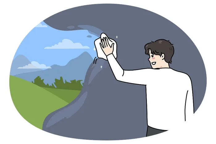 Framed Print : Smiling Man Clearing View with Rag Print Framed Print : Smiling Man Clearing View with Rag Print