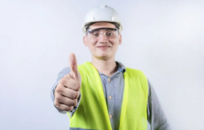 Framed Print : Smiling Young Engineer Print - Thumbs Up Gesture