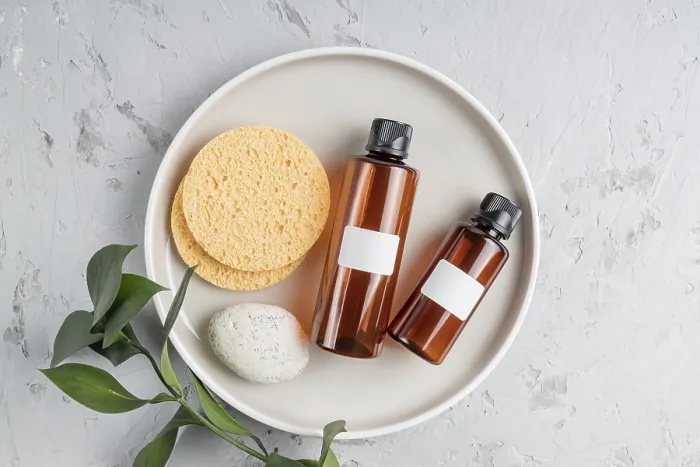 Framed Print : SPA Composition Print - Set of Cosmetic Bottles Framed Print : SPA Composition Print - Set of Cosmetic Bottles