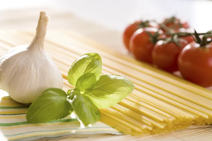 Framed Print : Spaghetti Print with Basil, Tomatoes and Garlic Framed Print : Spaghetti Print with Basil, Tomatoes and Garlic