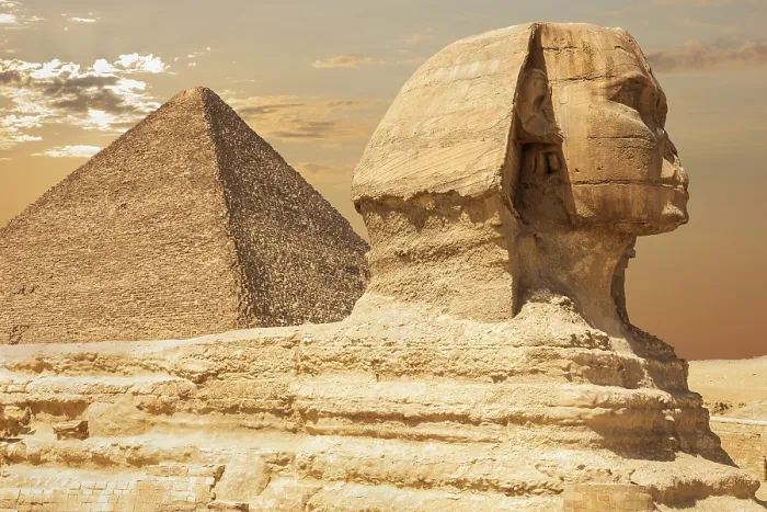 Framed Print : Print of the Sphinx and Cheops Pyramid in Giza, Egypt
