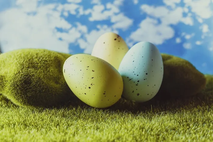 Framed Print : Spotted Easter Eggs Print on Green Grass