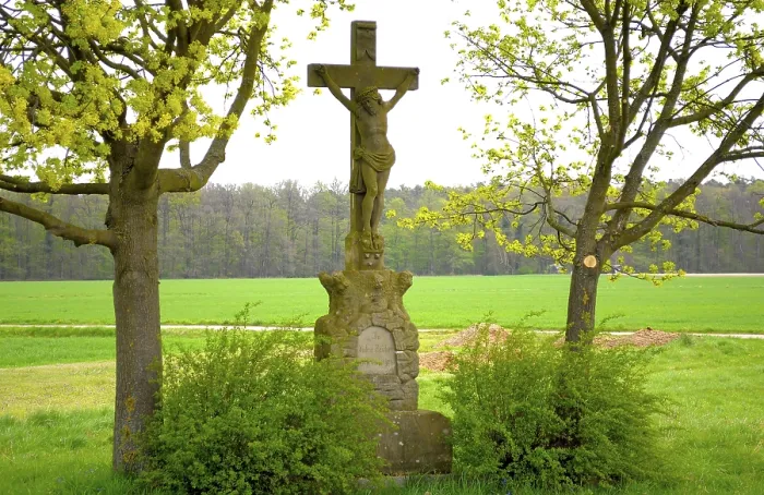 Framed Print : In Spring, Crucifix between Two Trees Print Framed Print : In Spring, Crucifix between Two Trees Print