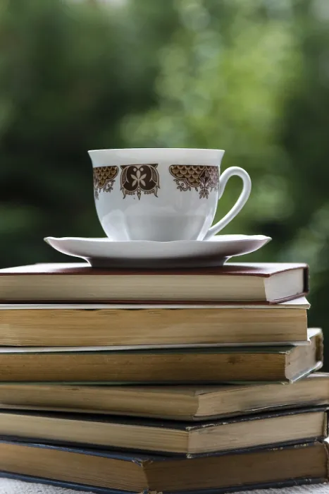 Framed Print : Garden Scene Print: Stack of Books with Tea Cup Framed Print : Garden Scene Print: Stack of Books with Tea Cup