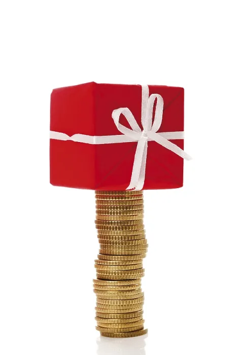 Framed Print : Stack of Coins with Gift Parcel Print Framed Print : Stack of Coins with Gift Parcel Print