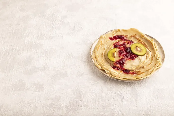Framed Print : Gray Concrete Print: Stack of Pancakes with Jam and Kiwi Framed Print : Gray Concrete Print: Stack of Pancakes with Jam and Kiwi