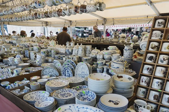 Framed Print : Auer Dult Stall with Tableware Print, Munich, Germany Framed Print : Auer Dult Stall with Tableware Print, Munich, Germany