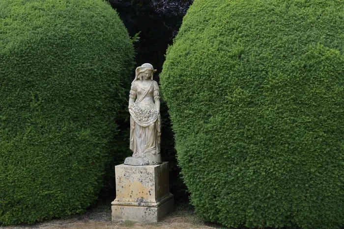 Framed Print : Statue and Yew Tree in Topiary Print, England Framed Print : Statue and Yew Tree in Topiary Print, England