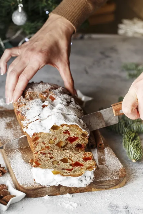 Framed Print : Stollen Print: Sliced Fruit Bread with Powdered Sugar Framed Print : Stollen Print: Sliced Fruit Bread with Powdered Sugar