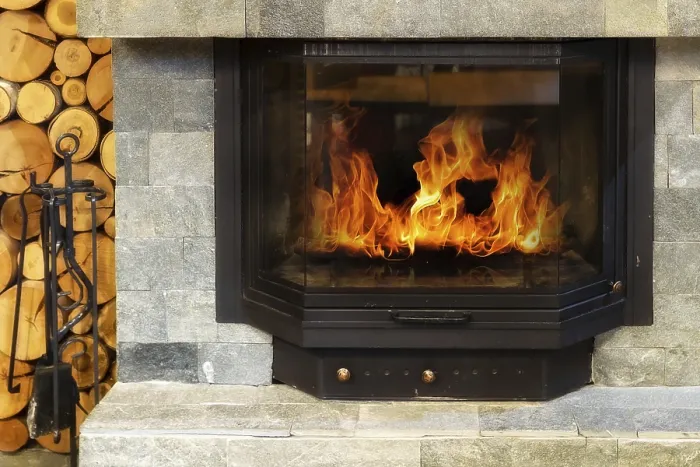 Framed Print : Stone Fireplace Print with Burning Flames Framed Print : Stone Fireplace Print with Burning Flames