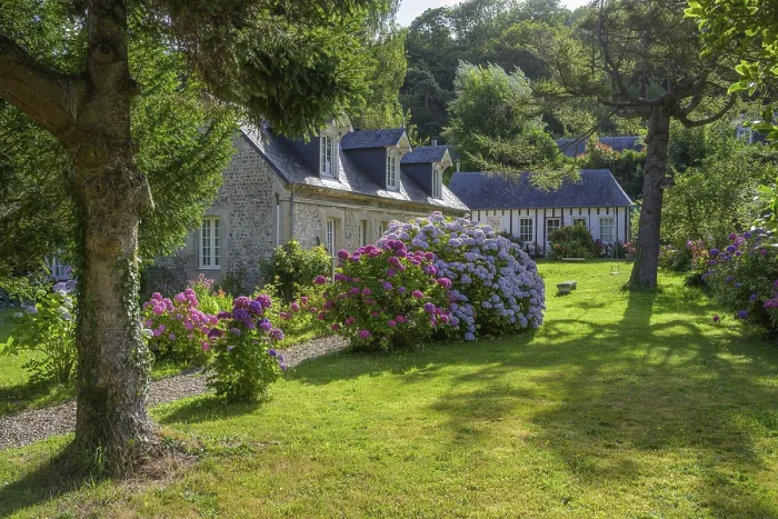 Framed Print : Stone House and Blooming Hydrangeas Print, Vaucottes, France Framed Print : Stone House and Blooming Hydrangeas Print, Vaucottes, France