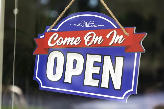 Framed Print : Storefront Open Sign Print Through Window