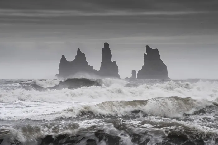 Framed Print : Storm with strong surf, rock needles Print, South Iceland Framed Print : Storm with strong surf, rock needles Print, South Iceland