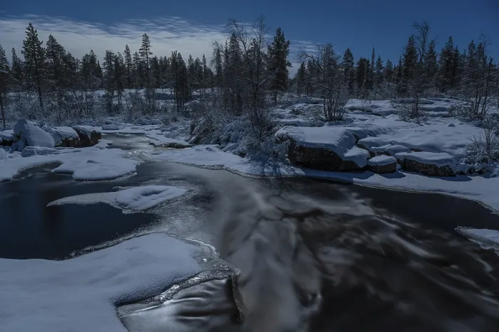Framed Print : Stream in Moonlight Print, Norrbotten, Sweden, December 2022 Framed Print : Stream in Moonlight Print, Norrbotten, Sweden, December 2022