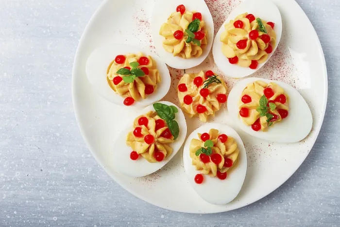 Framed Print : Stuffed Eggs Print with Red Caviar and Micro Greenery Framed Print : Stuffed Eggs Print with Red Caviar and Micro Greenery