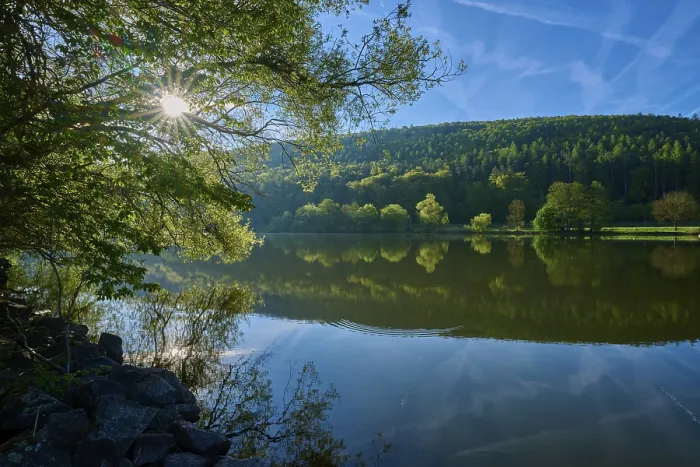 Framed Print : Sun Rays Print over Quiet German River Framed Print : Sun Rays Print over Quiet German River