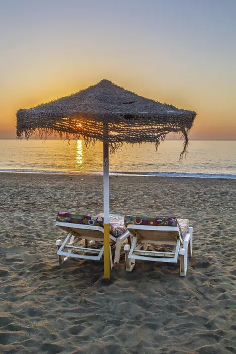 Framed Print : Torremolinos Sunset Print: Sunbed and Umbrella Framed Print : Torremolinos Sunset Print: Sunbed and Umbrella